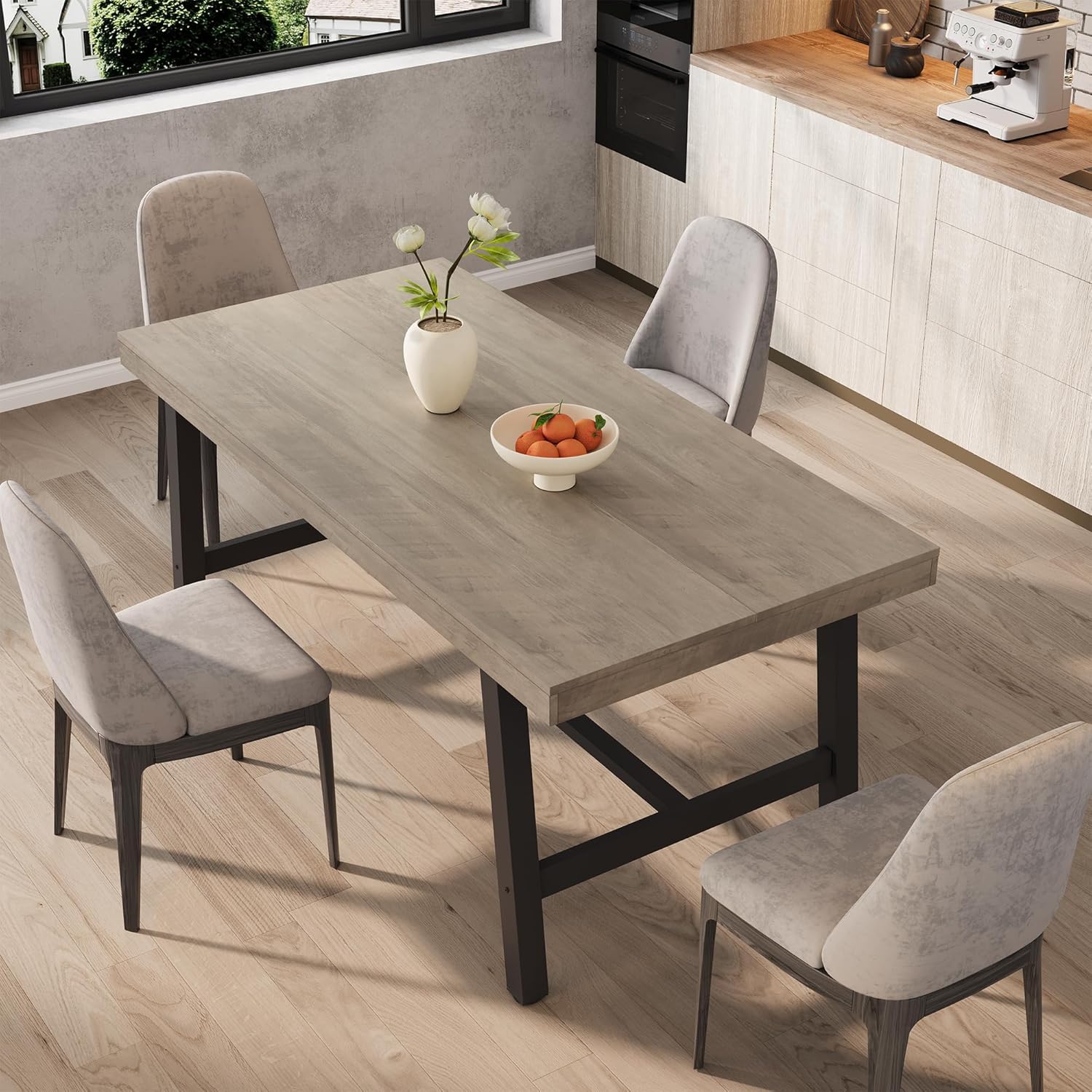 GarveeHome Industrial Dining Table for 4-6 People, 63" Long Large Kitchen Table with Sturdy Metal Frame, Rectangular Counter for Dinner, Kitchen, Dining Room (Grey, 63" Non-extendable)