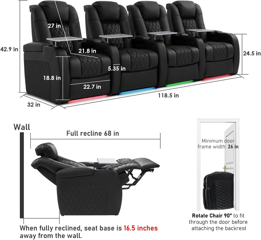 PBRO Home Theater Seating Genuine Leather Recliner Chair, Power Reclining & Headrest, USB A/C Charging Ports, Tray Table, Cup Holder Ambient Lighting Black Row of 4