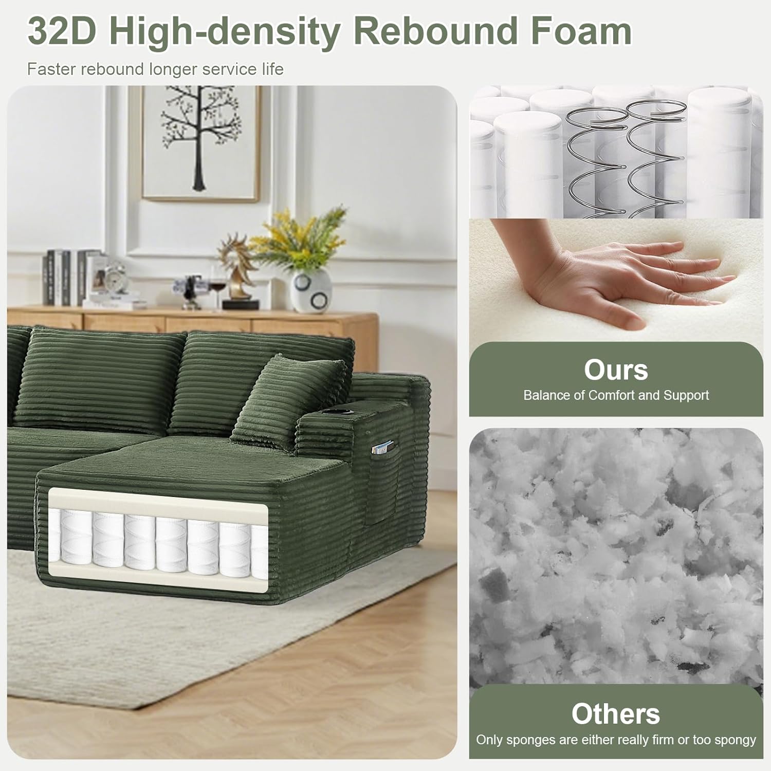 134" U Shaped Boneless Couch with Chaise, Oversized Modular Sectional Sofa with Cupholders & Storage Corduroy Cloud Couches for Living Room, Free Combination, No Assembly Required, Green