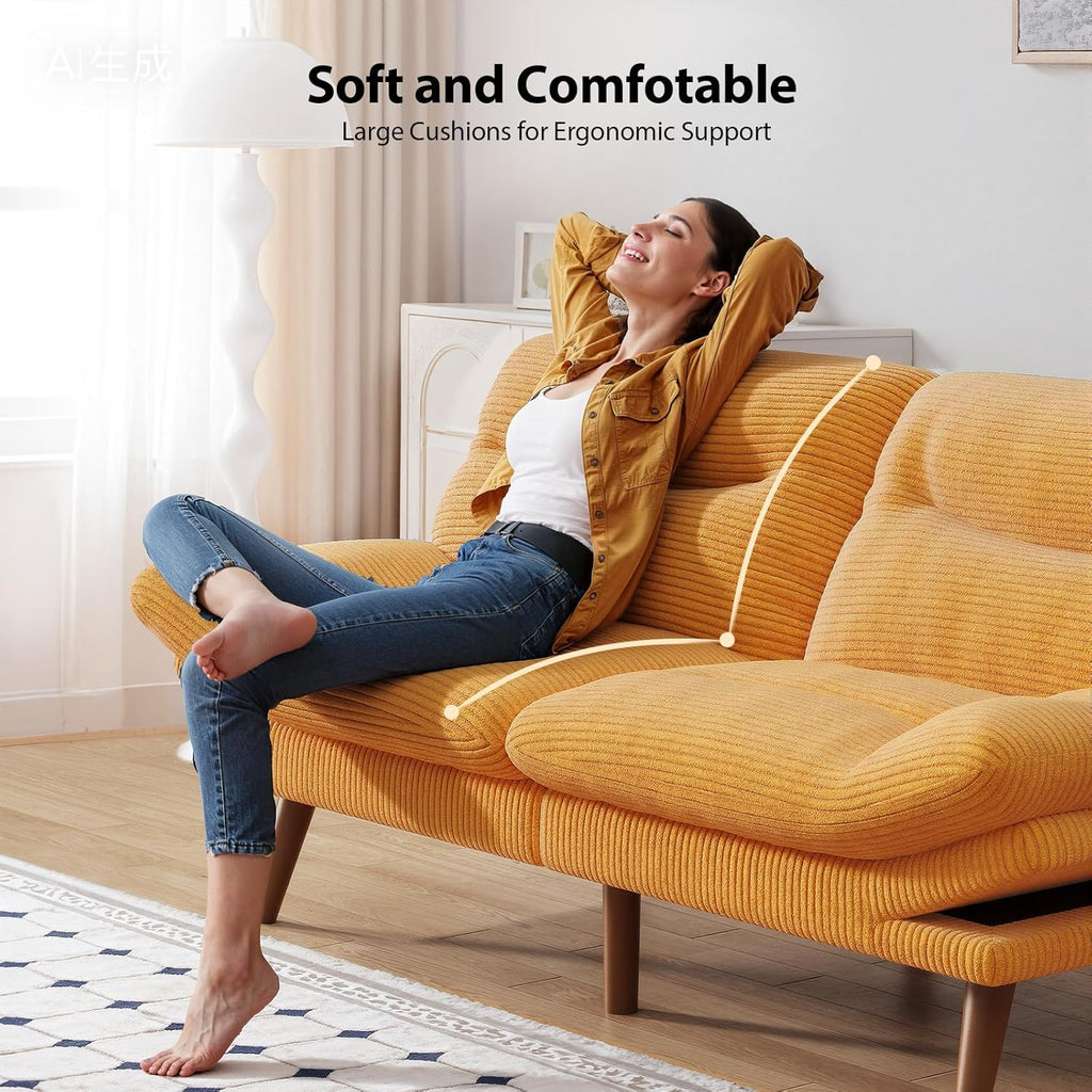 Pipishell Futon Sofa Bed, 66 Inch Corduroy Futon Couch Convertible with Adjustable Backrest and Armrests, Recliner Sleeper Sofa for Small Spaces, Living Room, Office, Guest Room (Yellow, 66 Inch) | Adjustable