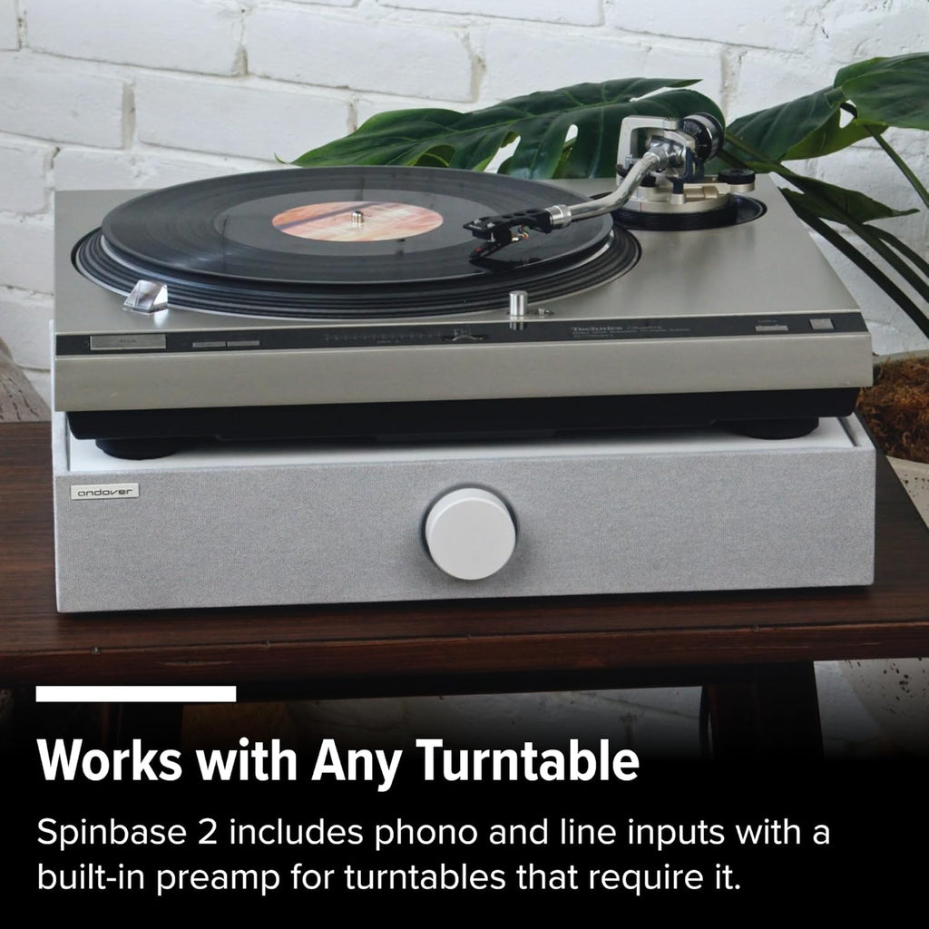 Andover Audio Spinbase 2 Speaker System Designed for Turntables; Phono Input, BT, Analog and Optical Input, ISOGroove Anti-Feedback, with Remote Control (Black)