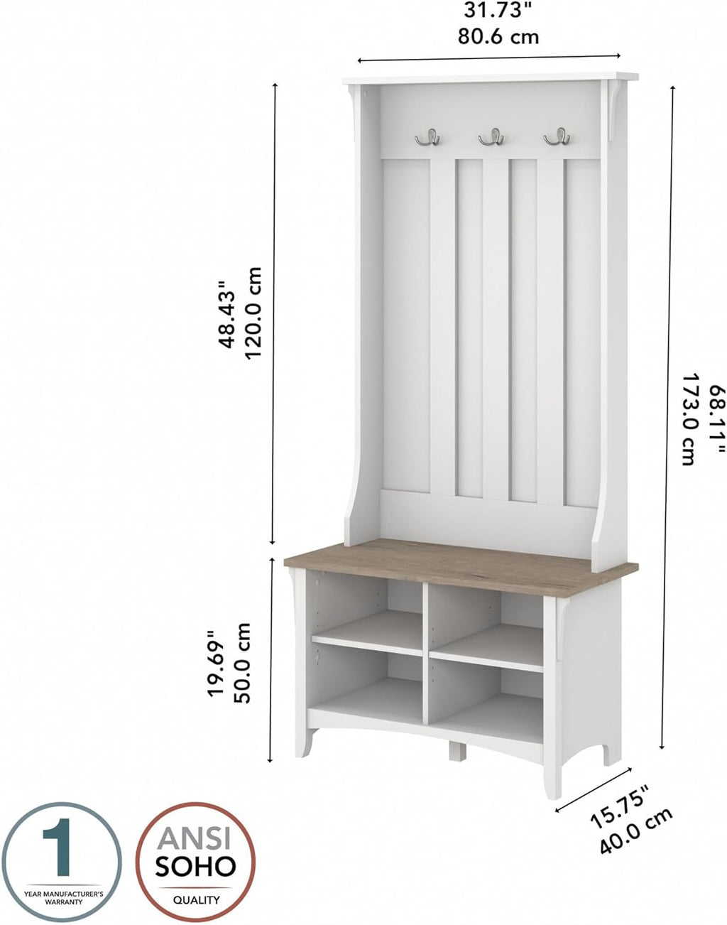 Bush Home Salinas Hall Tree with Shoe Storage Bench in Shiplap Gray and Pure White, Multi-Purpose Home Organizer, Entryway Solution with Seating and Hooks