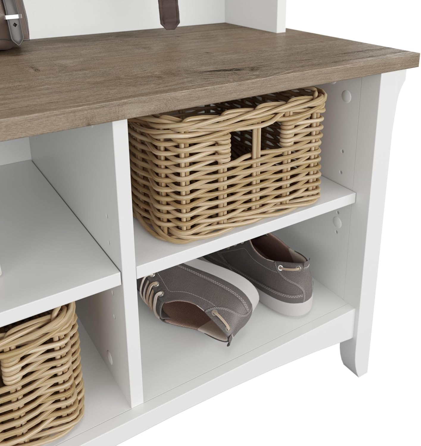 Bush Home Salinas Hall Tree with Shoe Storage Bench in Shiplap Gray and Pure White, Multi-Purpose Home Organizer, Entryway Solution with Seating and Hooks