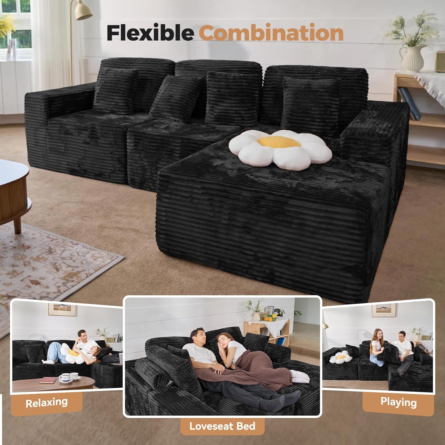 111'' Modular Sectional Cloud Couches with L Shaped Chaise, Upholstered Deep Seat Boneless Sofa for Living Room, Bedroom, No Assembly Required-Black 1PCS(Corduroy Fabric)