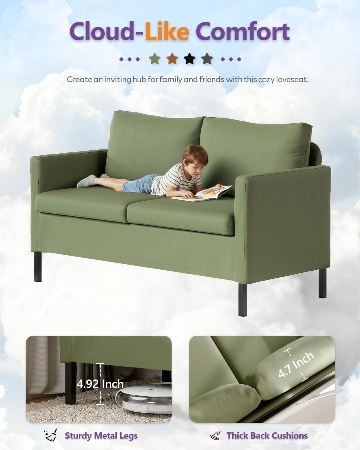 TYBOATLE Faux Leather Modern Small Couches for Small Spaces, Comfy Upholstered Love Seat for Bedroom, 2 Seater Mini Couch for Apartment, Dorm, Office, Green