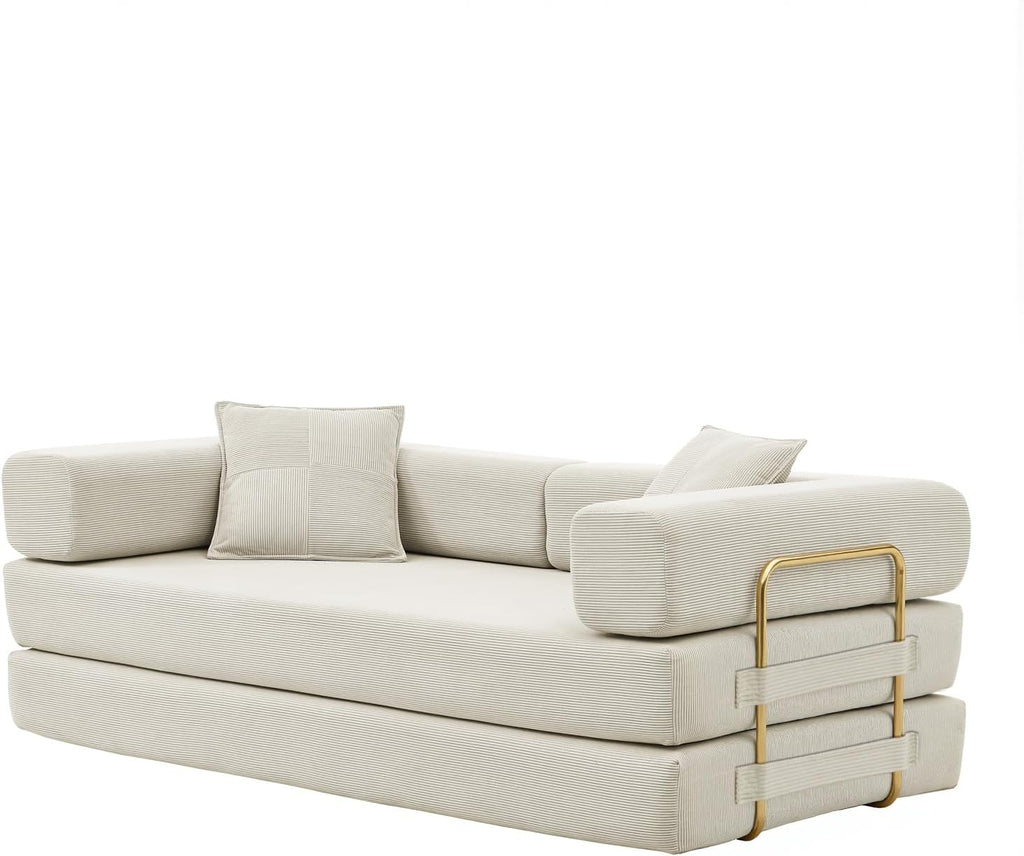 4-in-1 Folding Convertible Sofa Bed, 78 Inch Boneless Couch with Fixed-Shape Frame, Corduroy Loveseat Sleeper with Pull Out Bed, Floor Sofa Modular Futon Couch for Living Room Bedroom Lounge (Beige)