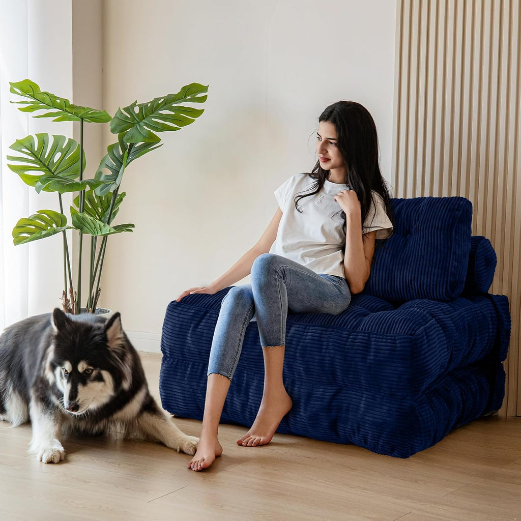 MAXYOYO Folding Sofa Bed, Convertible Sleeper Chair with Pillow Foldable Mattress with Back Support, Portable Fold Out Chair Bed Comfy Floor Sofa Lounge for Living Room Bedroom, Navy, Single