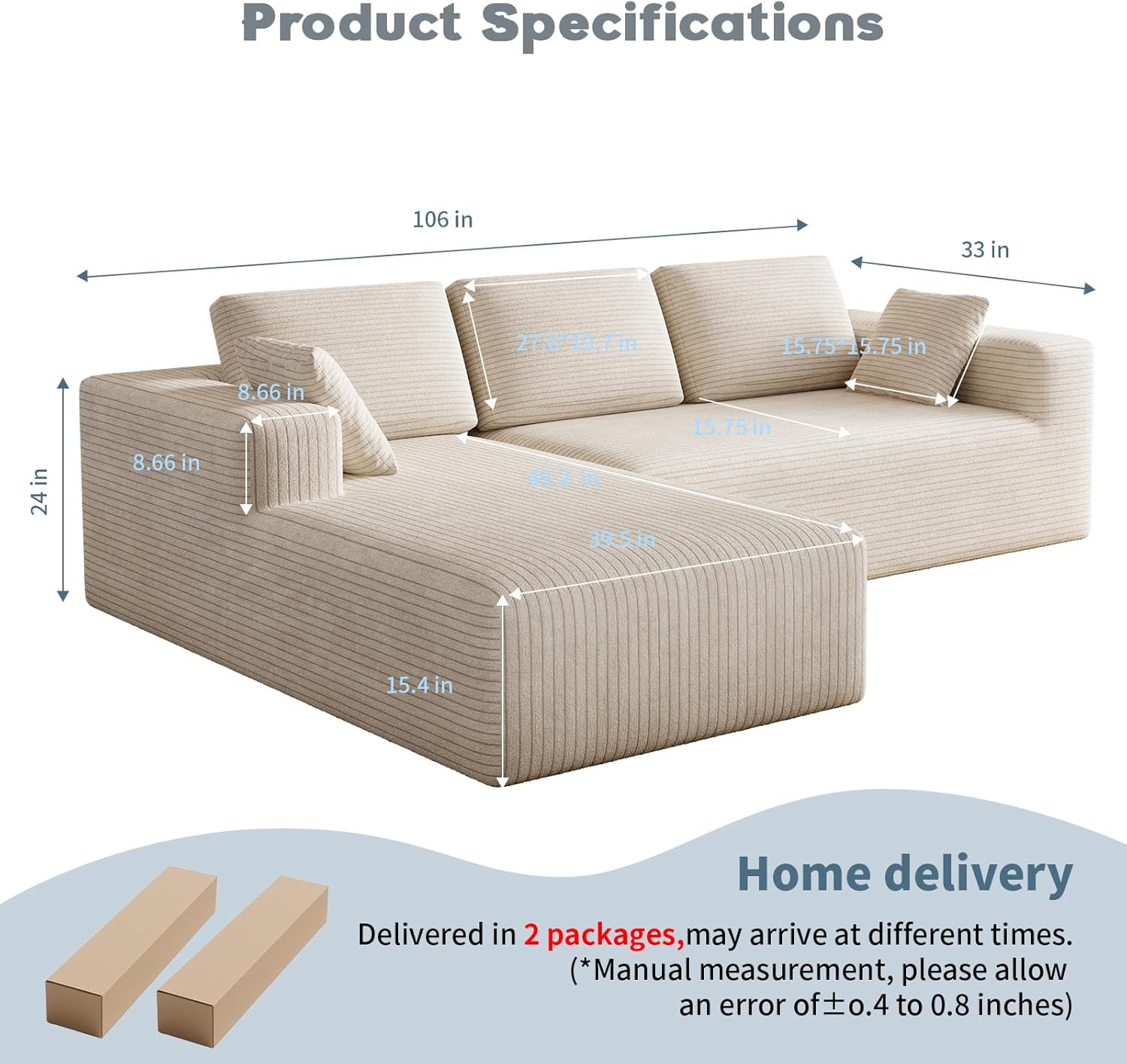 106" Corduroy Sectional Couch, Boneless L Shaped Couch with Deep Seat, Cloud Foam Sofa with Oversized Chaise, Sectional Sofa No Assembly Needed for Living Room