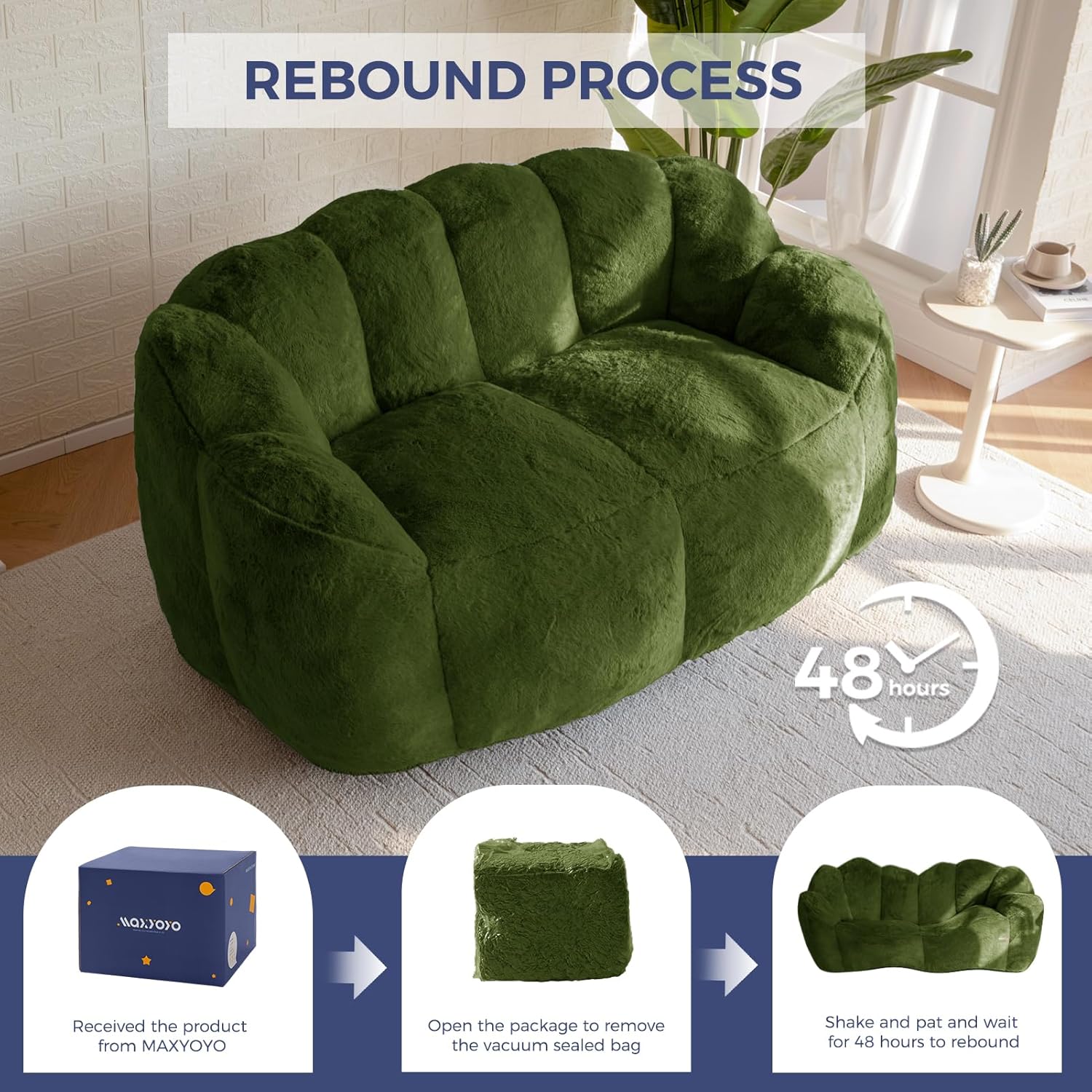 MAXYOYO Bean Bag Chair for Adults, Loveseat Floral Shaped Bean Bag Sofa, Ultra Soft Love Seat Mini Sofa Couch, Faux Fur Reading Chair for Living Room Bedroom, Green