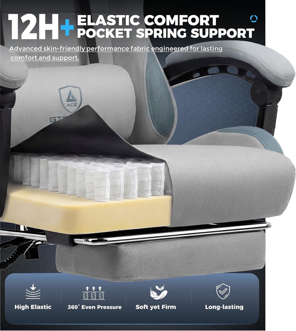 GTPLAYER Gaming Chair Fabric with Pocket Spring Cushion,Computer Office Chair with Lumbar Support for Adults Linkage Armrests and Footrest Ergonomic Gamings Chairs Height Adjustable Gray