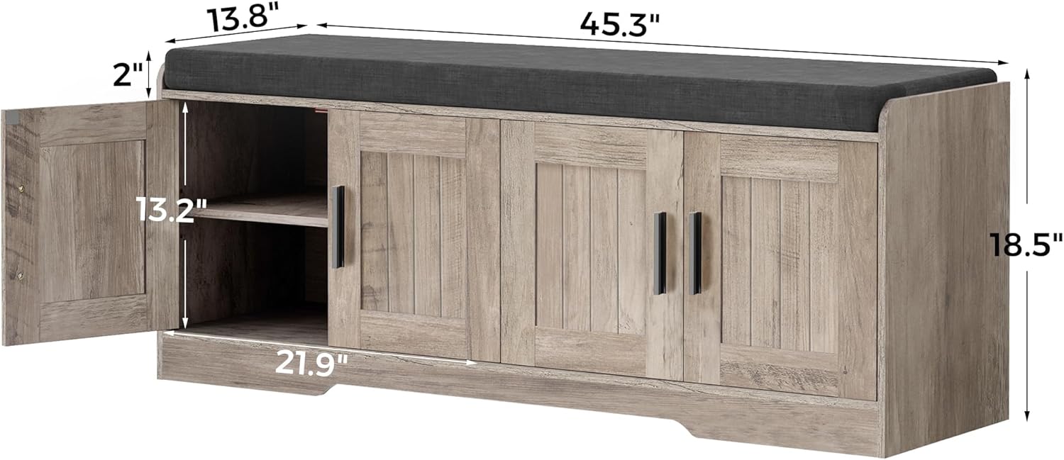 Homleke 2-Tier Storage Bench, Shoe Bench with Thickened Padded Seat Cushion, Entryway Bench with 4 Doors, Adjustable Shelf, 13.8" D x 45.3" W x 18.5" H, for Entryway, Living Room, Bedroom, Greige