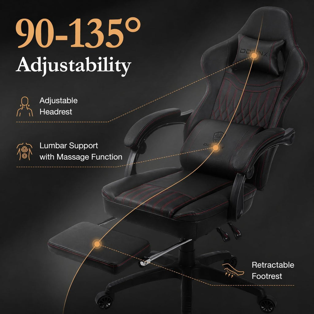Dowinx Gaming Chair Breathable PU Leather Gamer Chair with Footrest Massage Lumbar Support, Big and Tall Ergonomic Reclining Computer Chair with Pocket Spring Cushion for Adults Teens(Black)