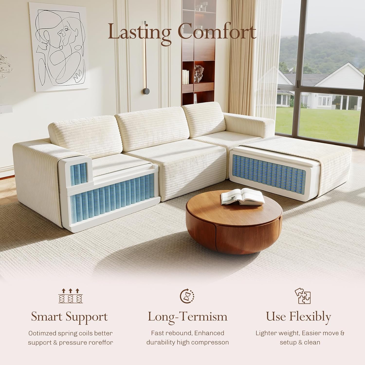 Vesgantti 119" L-Shaped Modular Sectional Sofa, Corduroy Cloud Couch with Deep Seating & Spring Support, Flexible Layout Sofa with Ottoman, Boneless Style, No Assembly Required, Beige