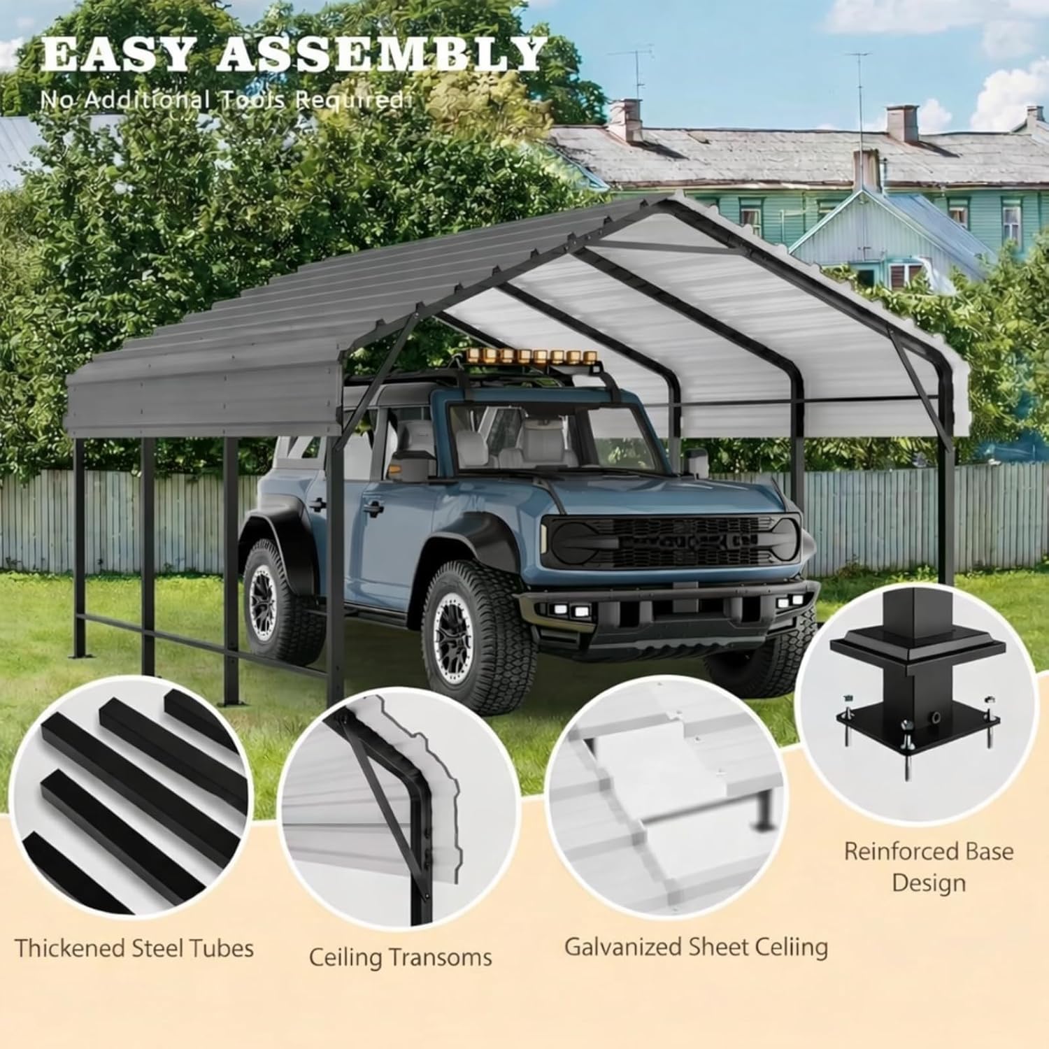 12x15 FT Heavy Duty Metal Carport, All-Weather Outdoor Vehicle Shelter with Steel Roof & Reinforced Frame, Permanent Car Canopy for Trucks, SUVs, Boats & Garden Storage(Gray)