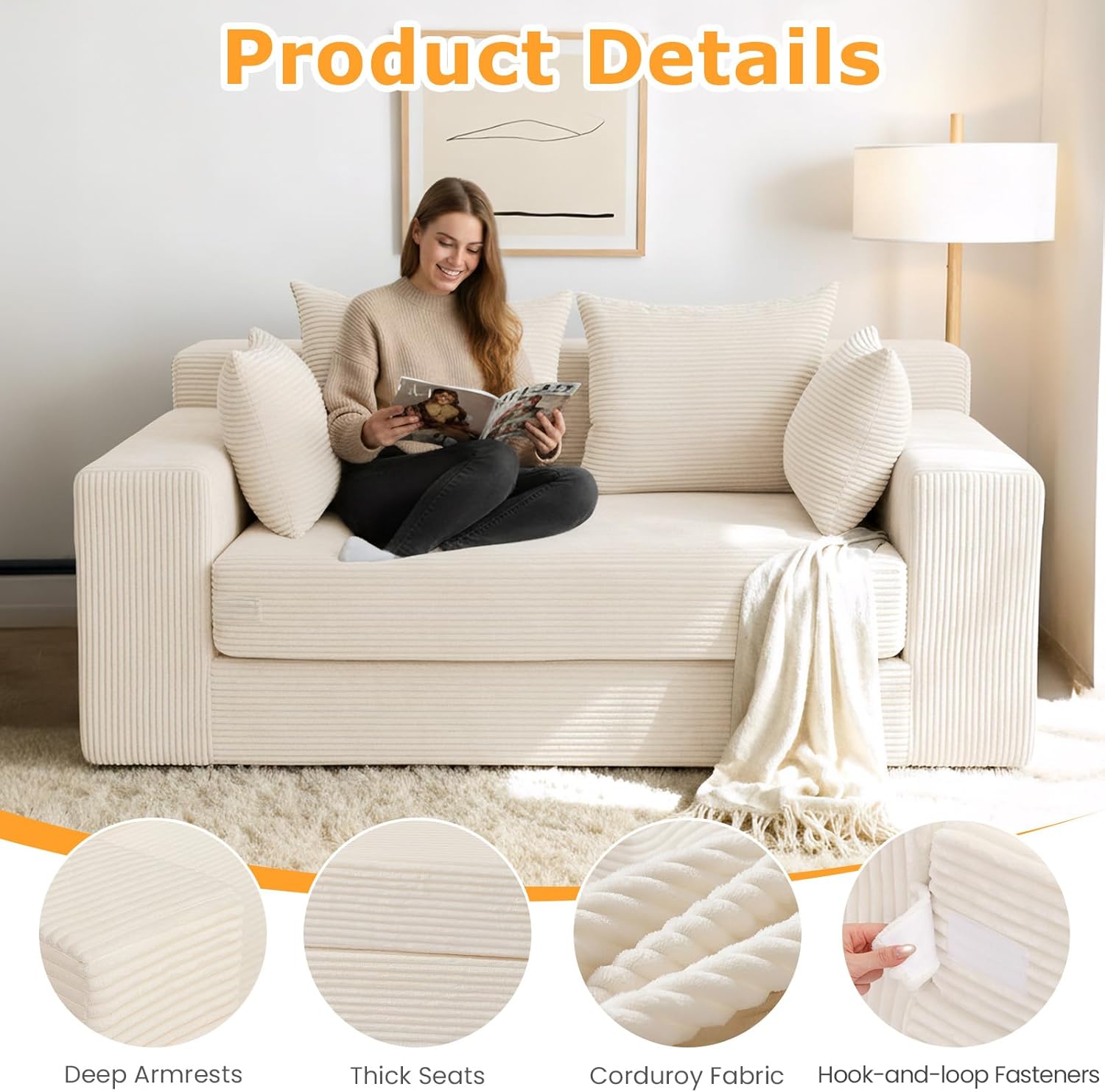 Boneless Loveseat Sleeper Sofa Bed, 3-in-1 Convertible Sofa Bed and Futon Couch with 4 Pillows, 55" Beige Boneless Couch for Living Room, Guest Room, Small Space, No Assembly Required, Corduroy