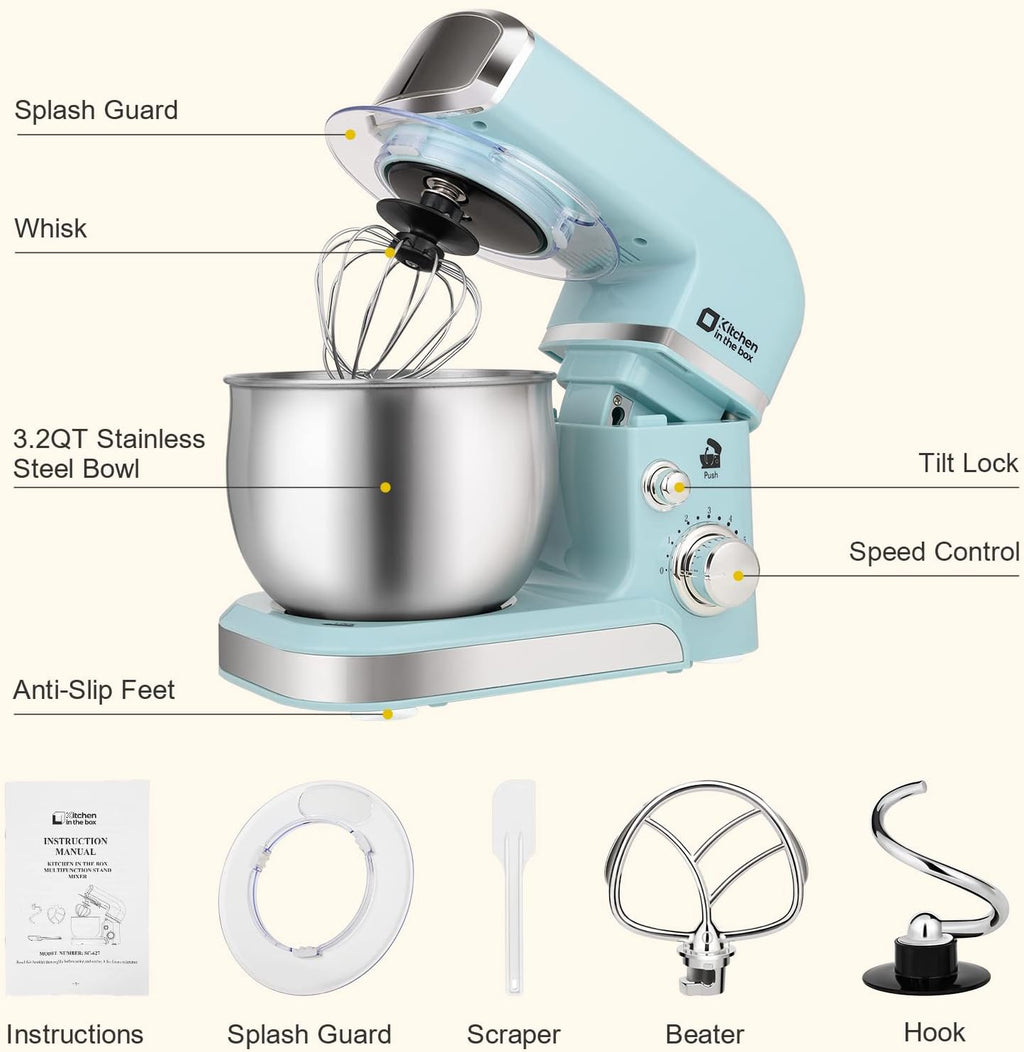 Kitchen in the box Stand Mixer,3.2Qt Small Electric Food Mixer,6 Speeds Portable Lightweight Kitchen Mixer for Daily Use with Egg Whisk,Dough Hook,Flat Beater