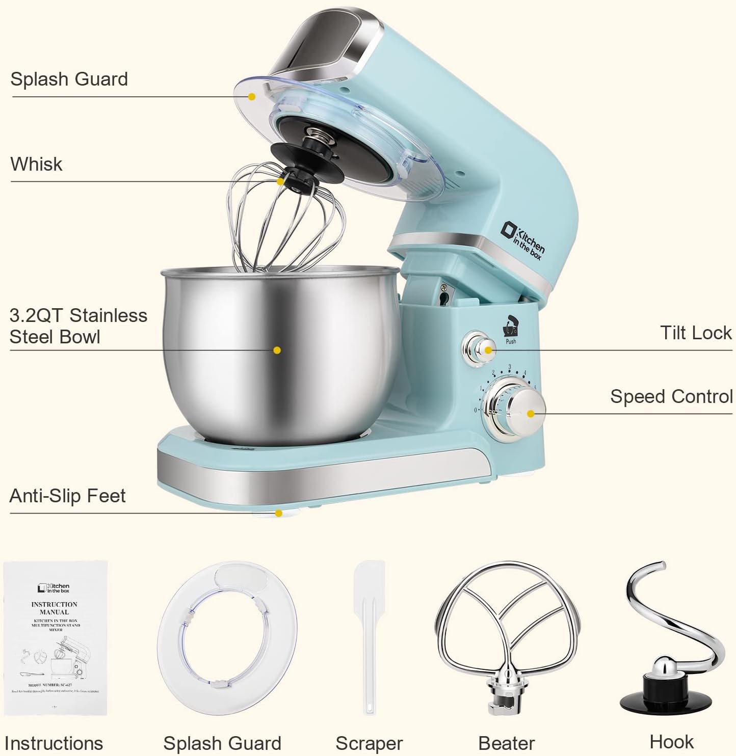 Kitchen in the box Stand Mixer,3.2Qt Small Electric Food Mixer,6 Speeds Portable Lightweight Kitchen Mixer for Daily Use with Egg Whisk,Dough Hook,Flat Beater