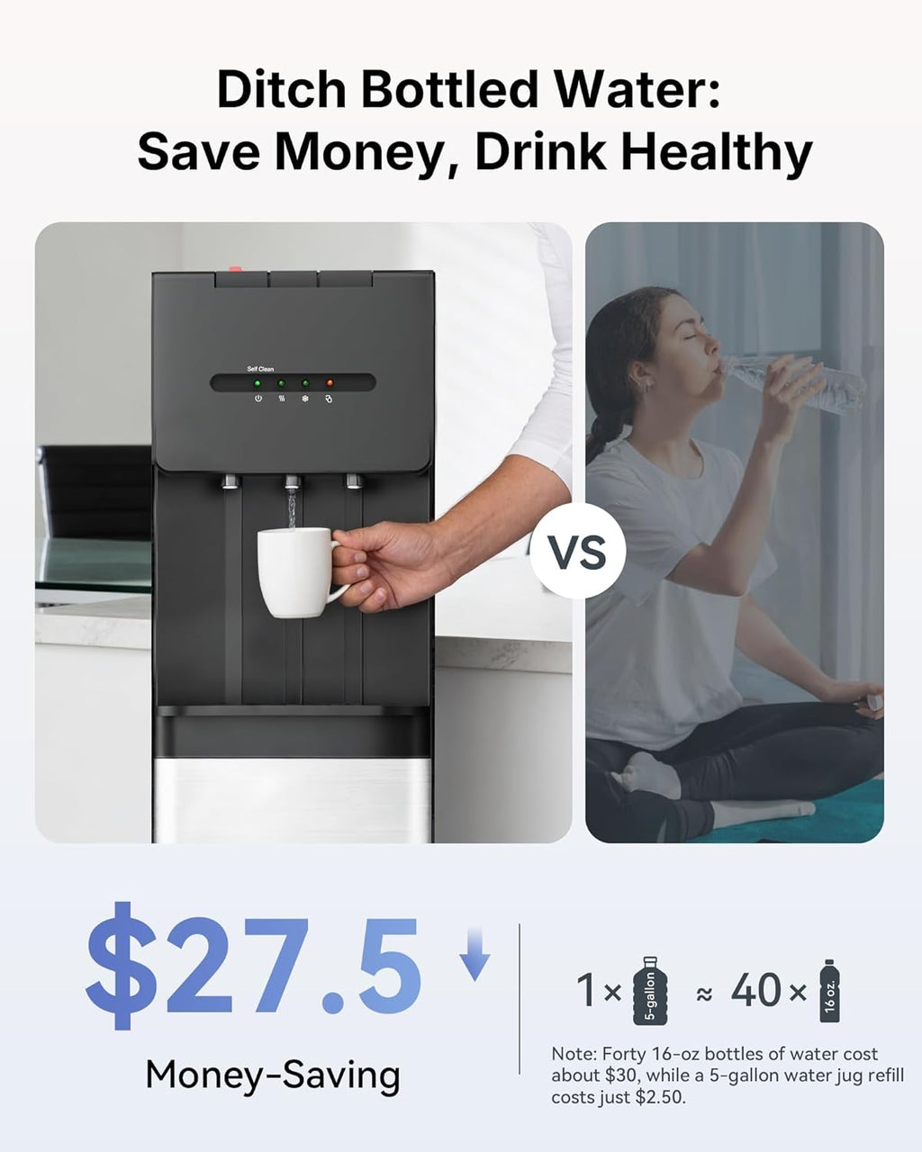 Self Cleaning Bottom Loading Water Cooler Dispenser for 3 & 5 Gallon Bottles - Hot, Cold & Room 3 Temperature, Child Safety Lock, LED Indicator Light, Ideal for Kitchen & Office, Black