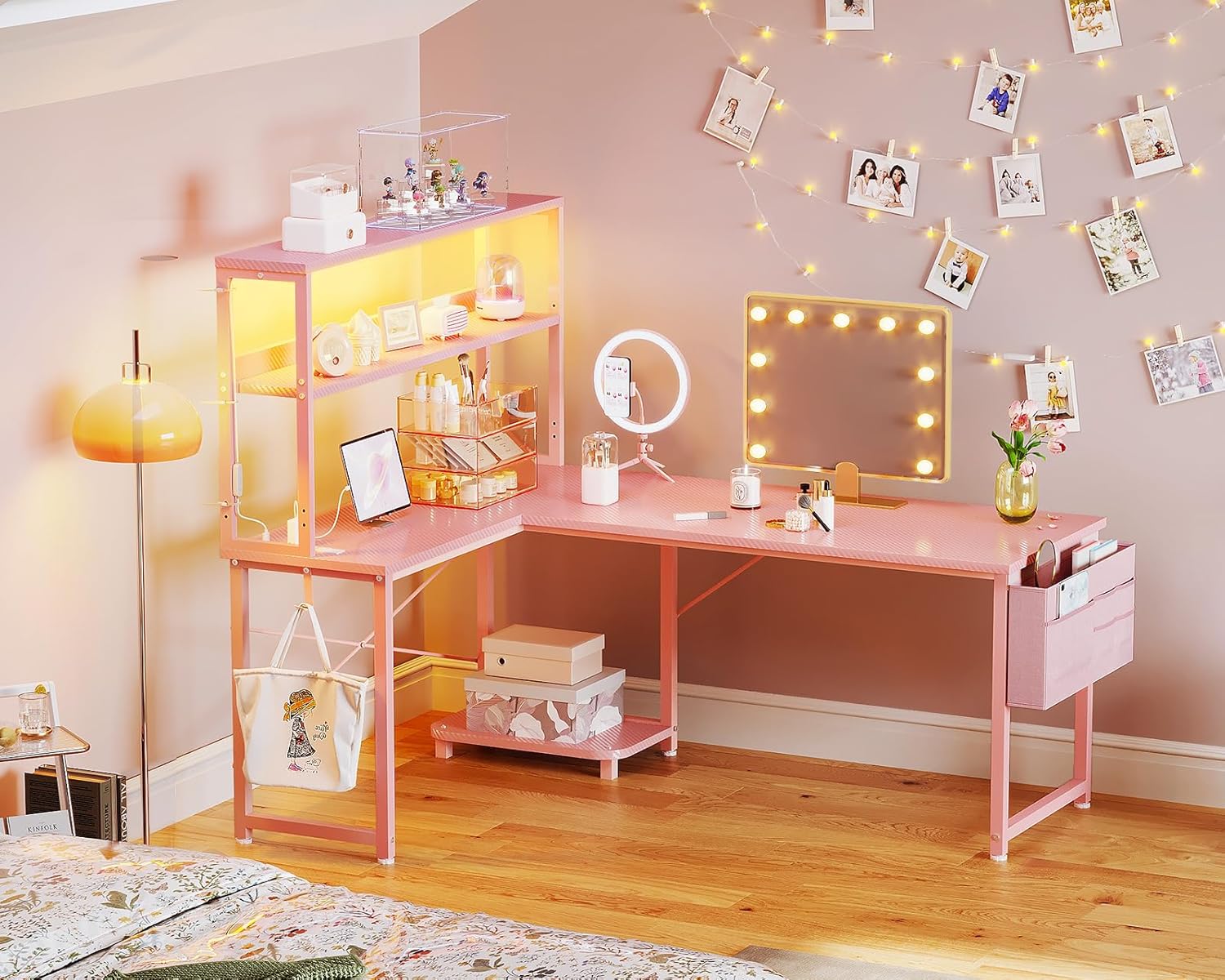 ODK 53 Inch L Shaped Desk with LED Lighting, Reversible Gaming Desk with Power Outlets, Cornor Computer Table with Storage Shelves & Bag & Iron Hook, Home Office Table for Writing, Study, Pink