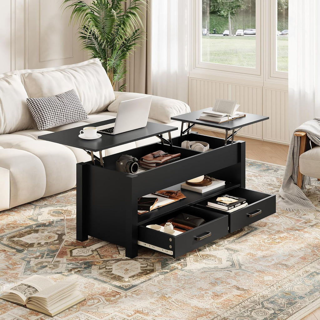 GarveeHome Coffee Table Lift Top, Convertible Coffee Table with Wooden Lift Tabletop, 2 Drawers and Hidden Compartment, Central Table with Storage for Living Room Home Office, Black