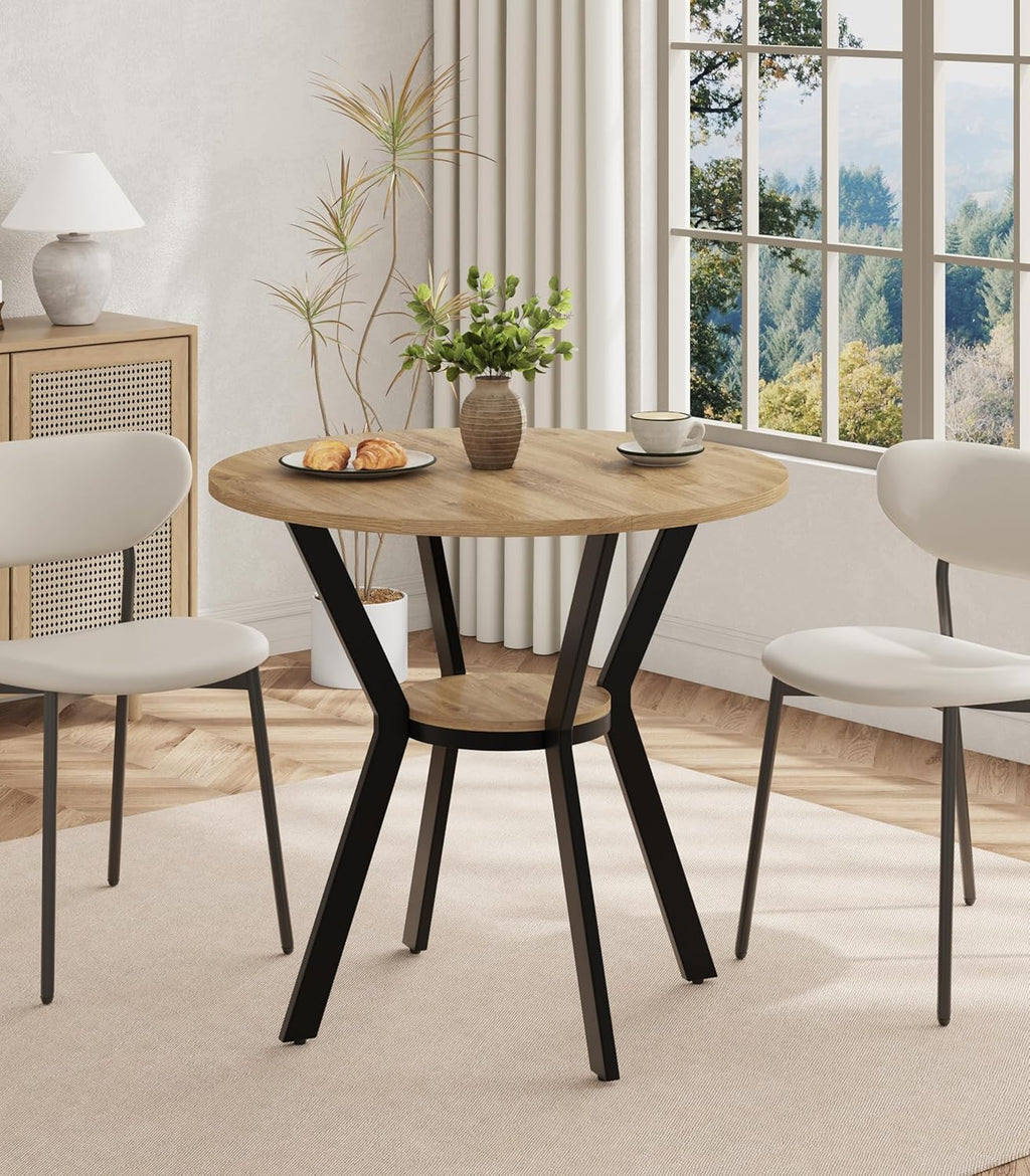 Round Kitchen Tables for 2-4, 31.5" Small Dining Tables with Storage, Rustic Wood Circle Dinner Table with Metal Leg, Farmhouse Dinner Table for Small Space, Dining Room, Kitchen, Office, Apartment