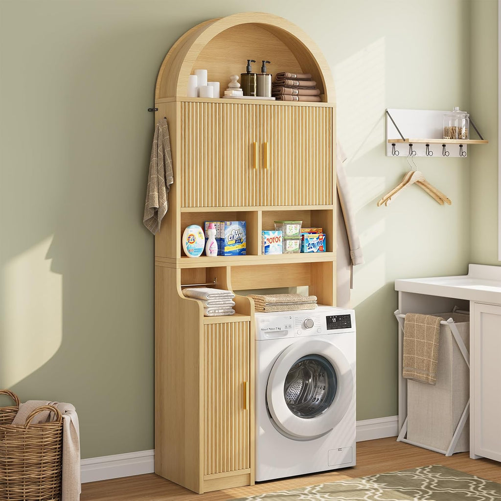 Itaar Arched Over The Toilet Storage Cabinet, 78.7" H Fluted Bathroom Organizer with Reversible Side Cabinet, Adjustable Shelves, Anti-Tipping, Hooks & Paper Holder for Bathroom Laundry Room, Oak
