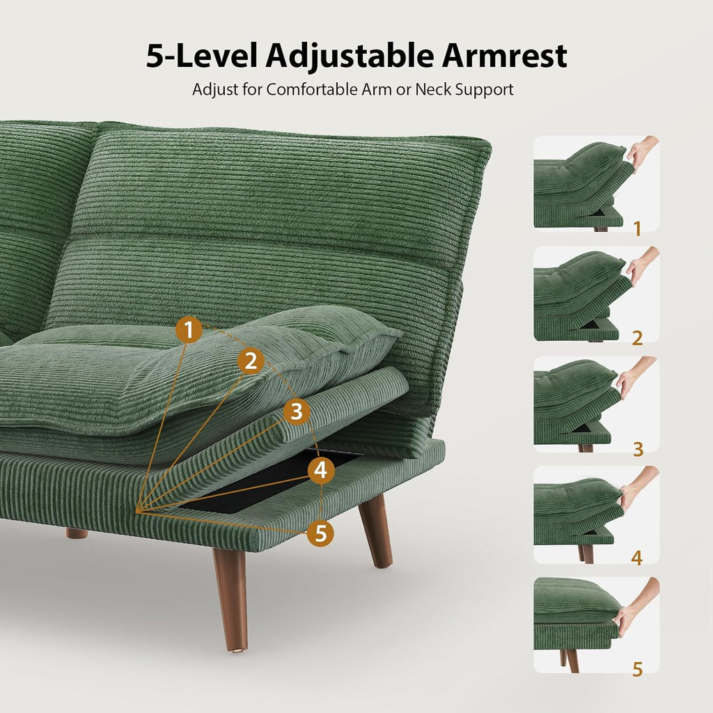Pipishell Futon Sofa Bed, Convertible Futon Adjustable Backrest & Armrests, Corduroy Sleeper Couch for Small Spaces, Living Room, Office, Guest Room (Moss Green, 66 Inch)