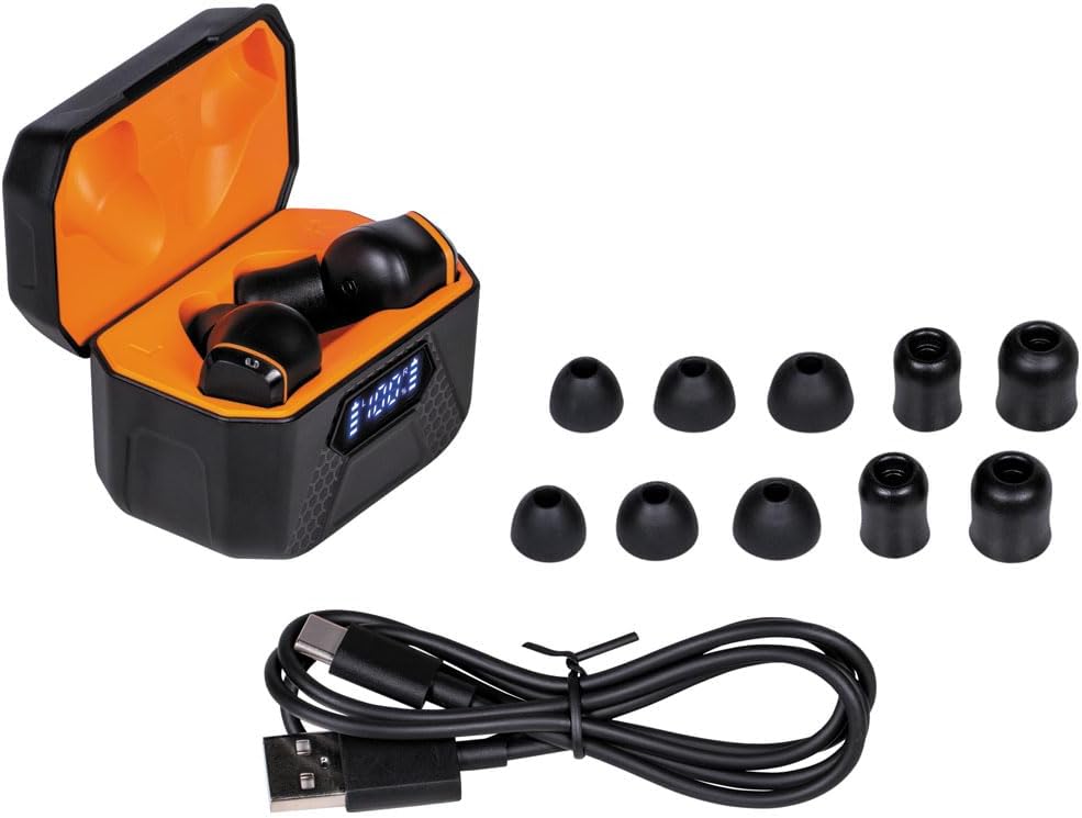 KLEIN TOOLS AESEB2 Elite Bluetooth Jobsite Earbuds, True Wireless Earplugs, 25dB NRR Hearing Protection, 24-Hour Playtime, Digital LED Display