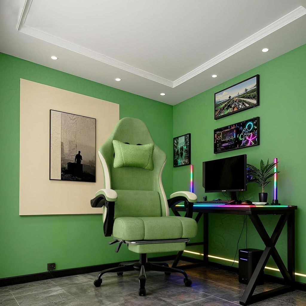 Gaming Chair, High Back Fabric Computer Chair with Pocketed Spring Cushion and Footrest, Height Adjustable Game Chair with Headrest and Lumbar Support (Beige & Green)
