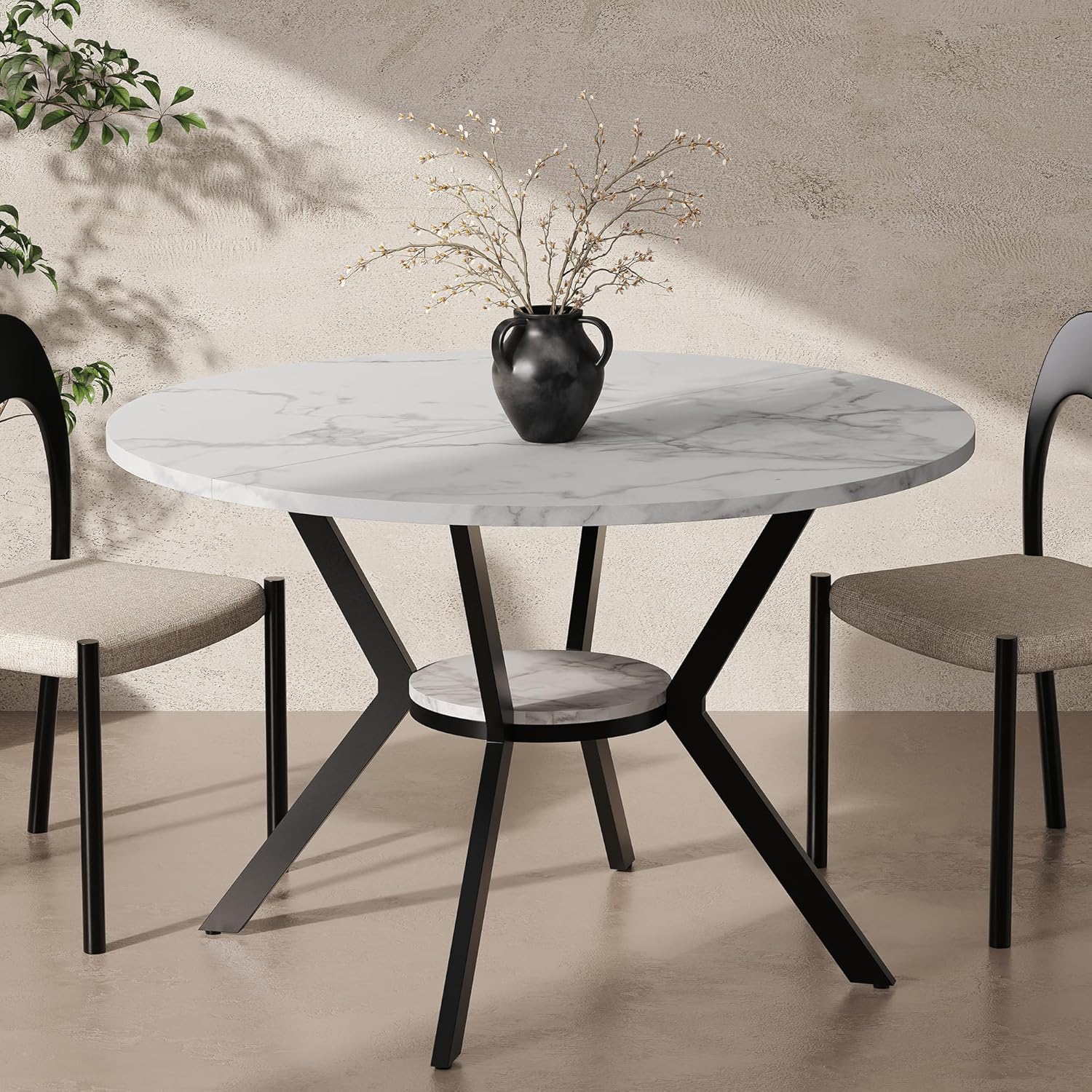 42" Round Dining Table for 2-4, Modern Kitchen Table with Faux Marble Tabletop & Metal Legs, Space Saving Circle Table with Storage, Wood Kitchen & Dining Room Tables for Kitchen Dining Room