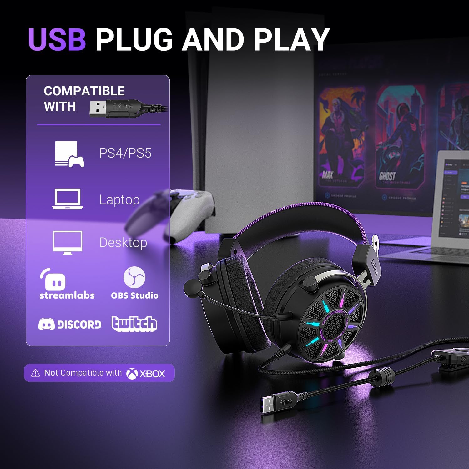 FIFINE Wired Open Back Gaming Headset, Open Acoustic Audio, Breathable Mesh Fabric, 7.1 Surround Sound, Vibrant RGB, USB Control Box, Over-Ear Headphone with Mic for PC, PS5/PS4, Laptop, Mac - H19BP