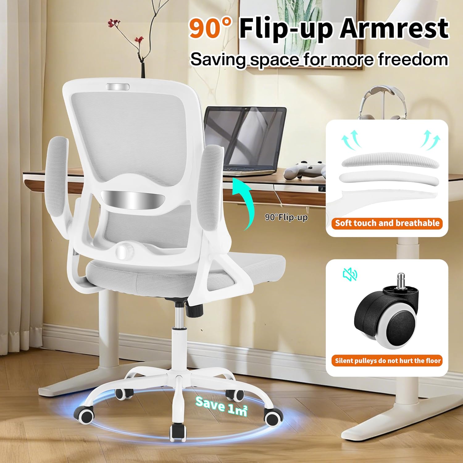 Ergonomic Office Chair,Mesh Office Chair with Lumbar Support,Mid Back Desk Chair with Flip-up Arms,400 lbs Comfy Computer Chair for Home Office (Light Grey)
