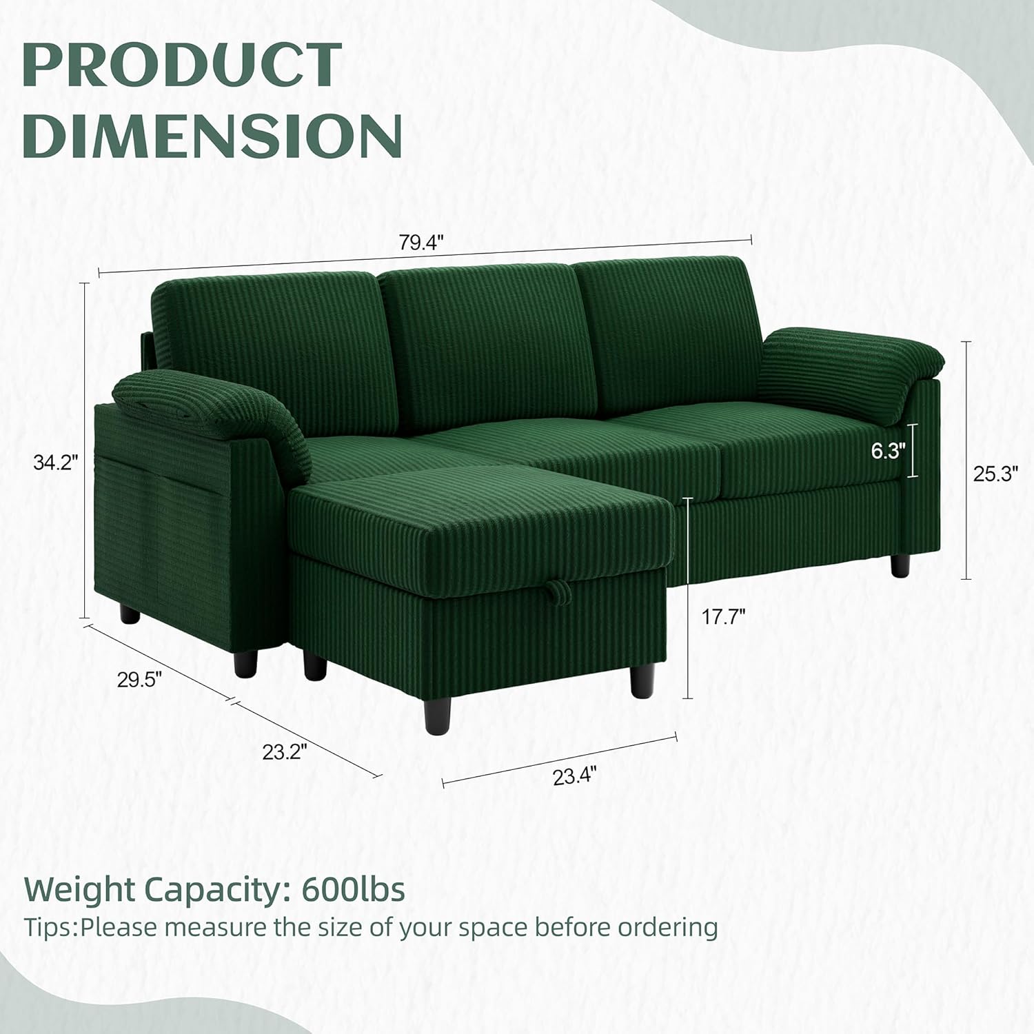 Vongrasig Convertible Sectional Couch, 3 Seat L Shaped Sofa with Removable Pillows Linen Fabric Small Modern Couch Mid Century for Living Room, Apartment and Office, Green