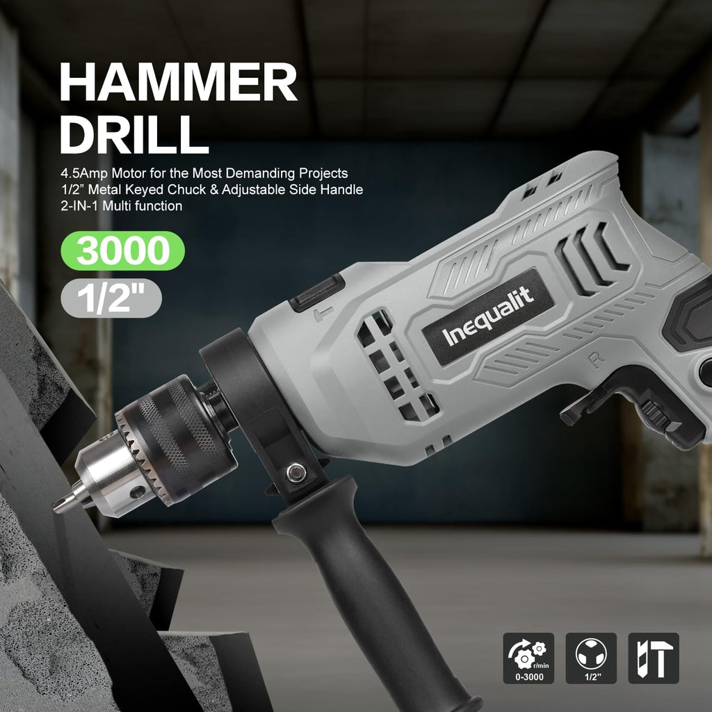 Corded Hammer Drill 3000RPM with 5pcs Bits, 4.5Amp 1/2 Inch Keyed Metal Chuck Impact Drill, 360° Rotating Handle and 12 Variable Speed for 2 Functions in 1
