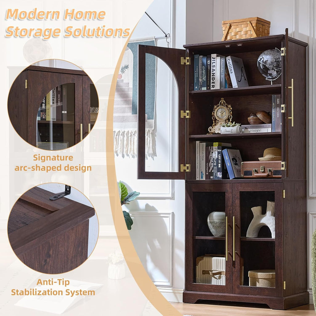 Joaxswe 72" Tall Bookshelf with 4 Curved Glass Doors, Farmhouse Bookcase with 3-Tier Adjustable Shelves, Modern Living Room Display Cabinet, Large Storage Cabinet for Home Office,Dining Room, Walnut