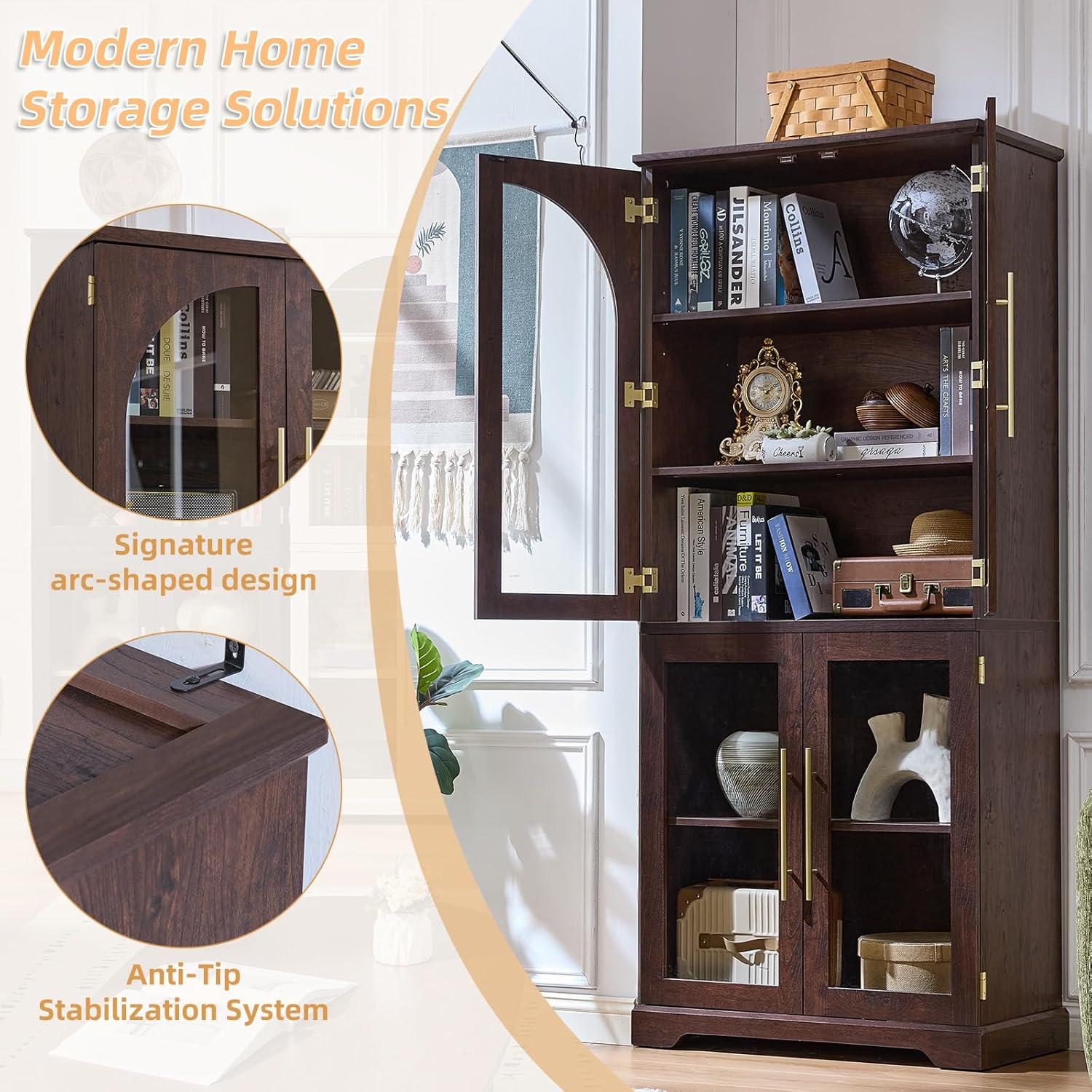 Joaxswe 72" Tall Bookshelf with 4 Curved Glass Doors, Farmhouse Bookcase with 3-Tier Adjustable Shelves, Modern Living Room Display Cabinet, Large Storage Cabinet for Home Office,Dining Room, Walnut