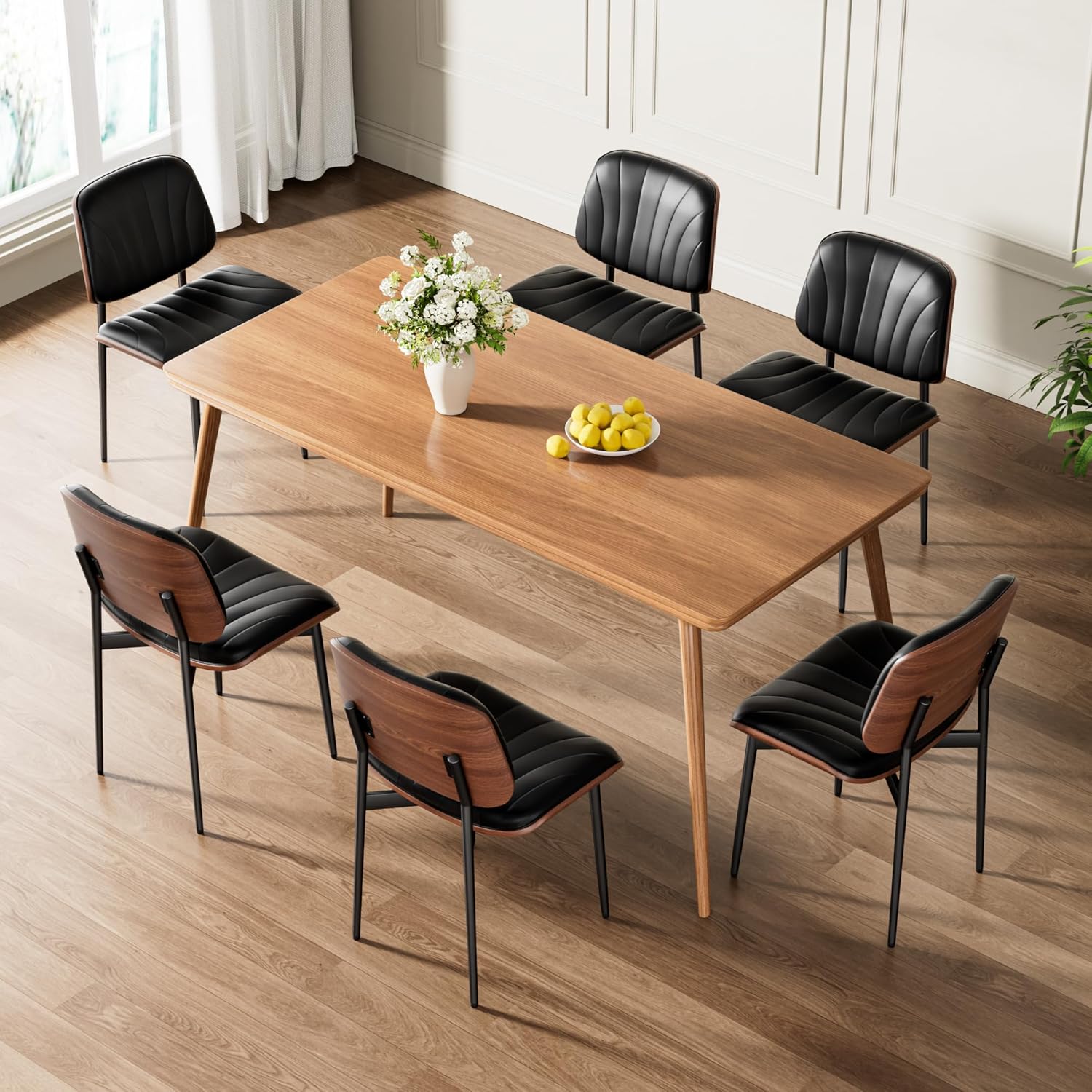 REONEY Dining Chairs Set of 4, Mid-Century Modern Upholstered PU Leather Chairs with Walnut Bentwood Back and Metal Legs Adjustable Feet for Kitchen Dining Room, Black Shell Strips