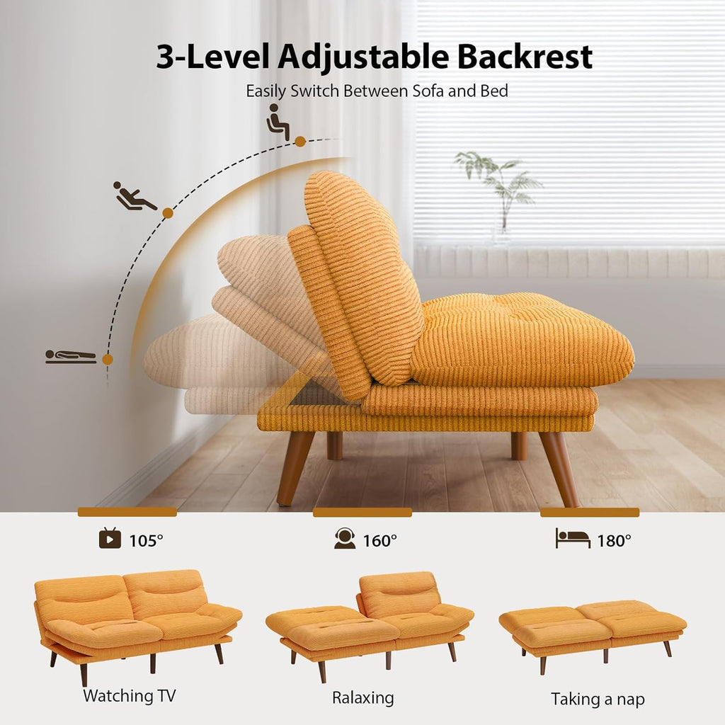 Pipishell Futon Sofa Bed, 66 Inch Corduroy Futon Couch Convertible with Adjustable Backrest and Armrests, Recliner Sleeper Sofa for Small Spaces, Living Room, Office, Guest Room (Yellow, 66 Inch) | Adjustable