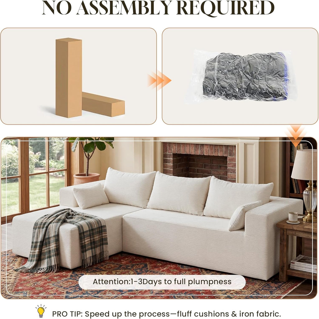 106" Cloud Sectional Boneless Couches for Living Room, Modular L Shaped Couch with Deep Seat Oversized Left Facing Chaise, Memory Foam Compressed Spineless 3 Seater Sofa for Bedroom Apartment, Beige