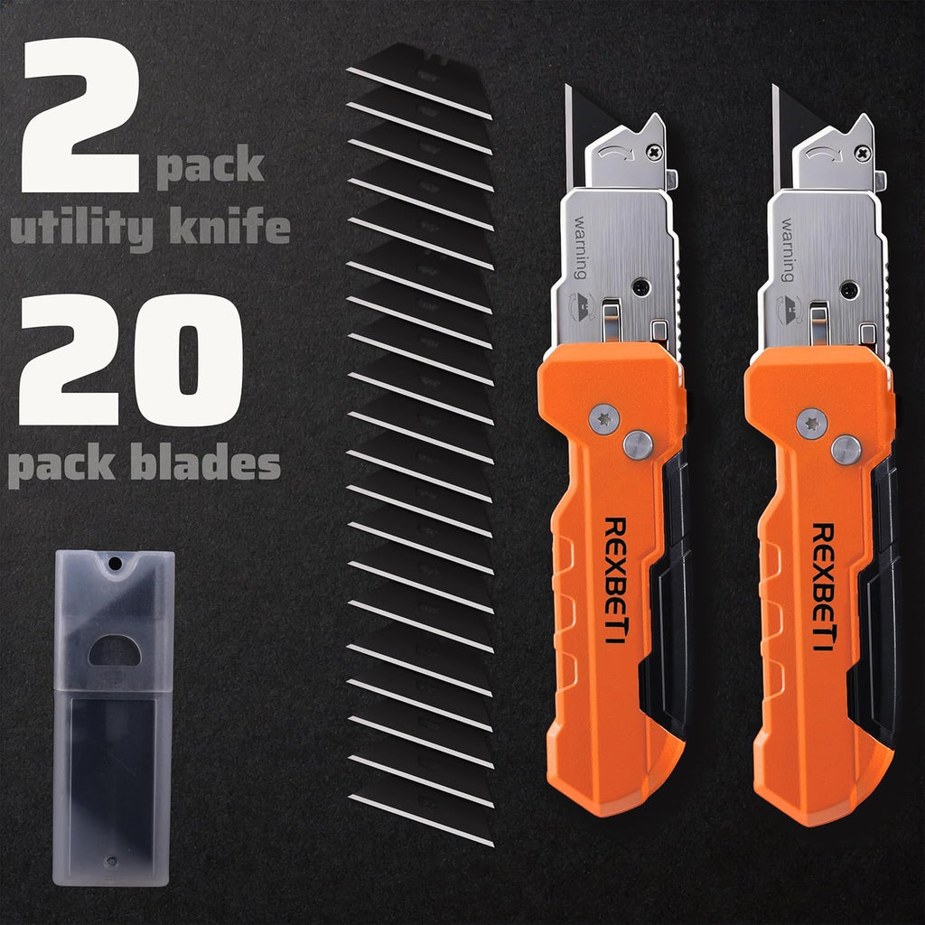 REXBETI 2-in-1 Folding Utility Knife and Scraper, Heavy-Duty Zinc Alloy Construction, Built-In Blade Storage,Retractable Blade with Safety Lock,Includes 26 SK5 Black Replacement Blades（2pack）
