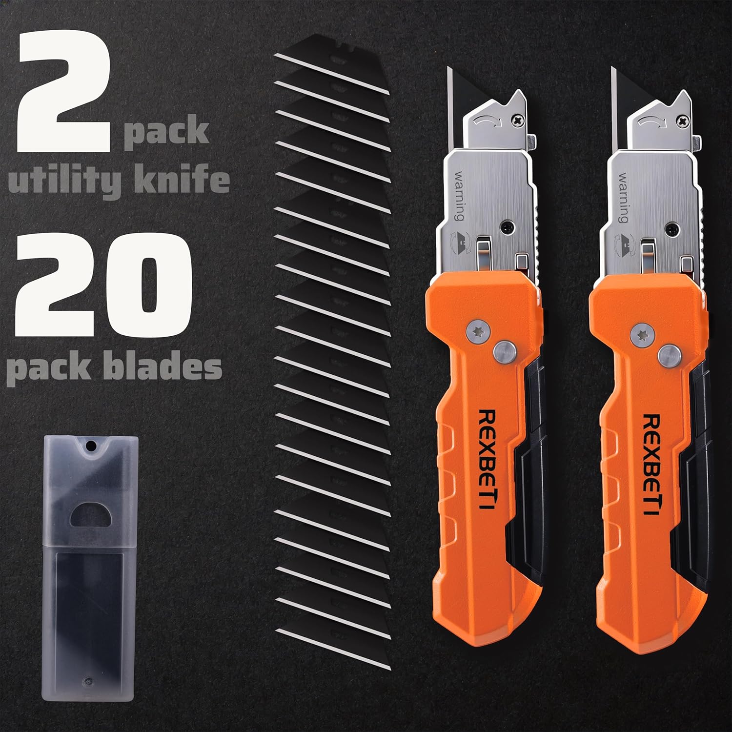REXBETI 2-in-1 Folding Utility Knife and Scraper, Heavy-Duty Zinc Alloy Construction, Built-In Blade Storage,Retractable Blade with Safety Lock,Includes 26 SK5 Black Replacement Blades（2pack）