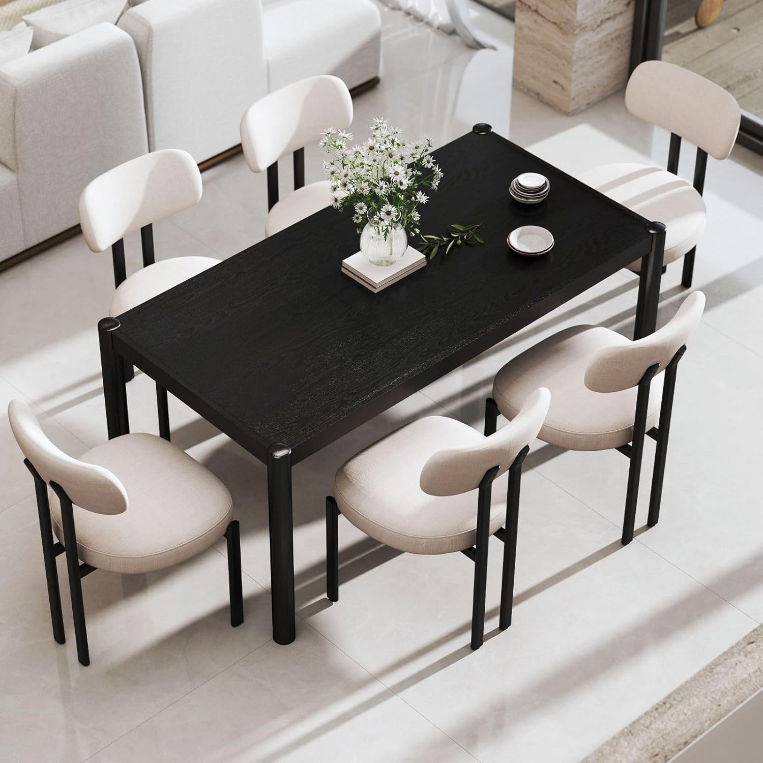LukeAlon Linen Dining Chairs Set of 6, Curved Back Modern Side Chairs Upholstered Armless Reception Guest Chair with Black Metal Legs for Kitchen Restaurant Dining Room, Light Beige