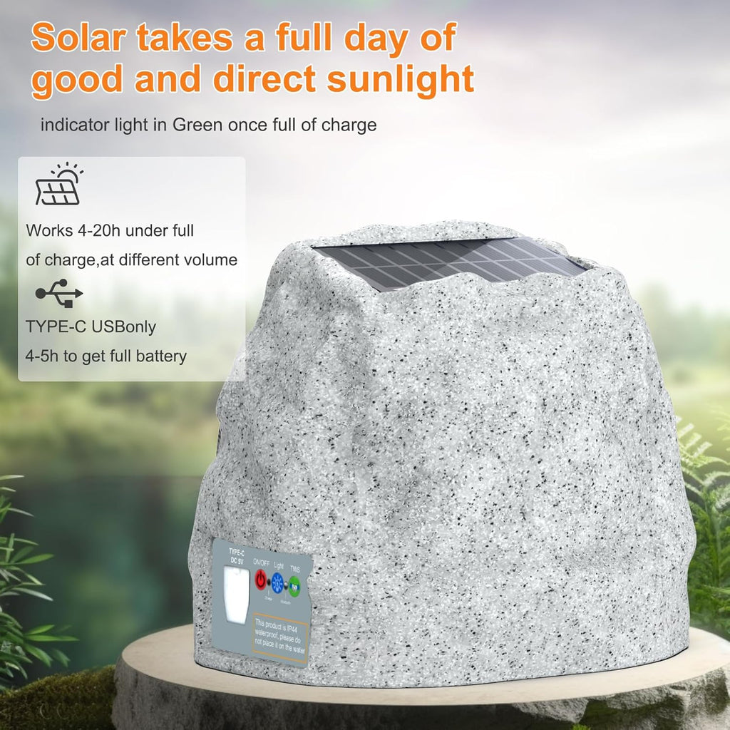 Outdoor Speakers Solar Powered & USB-C Rechargeable, Rock Speakers TWS Pairing Wireless Outdoor Speaker Bluetooth 5.4, LED Light Show, Waterproof, ideal for Backyard BBQ, Garden, Poolside (2-Pc,Grey)