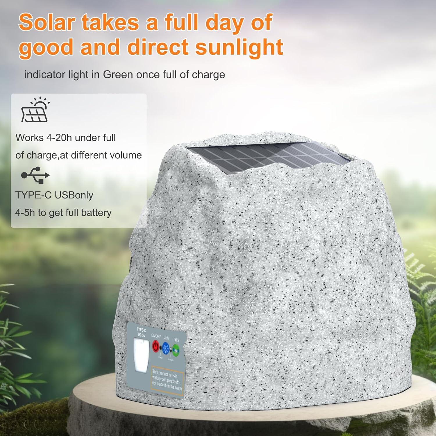 Outdoor Speakers Solar Powered & USB-C Rechargeable, Rock Speakers TWS Pairing Wireless Outdoor Speaker Bluetooth 5.4, LED Light Show, Waterproof, ideal for Backyard BBQ, Garden, Poolside (2-Pc,Grey)