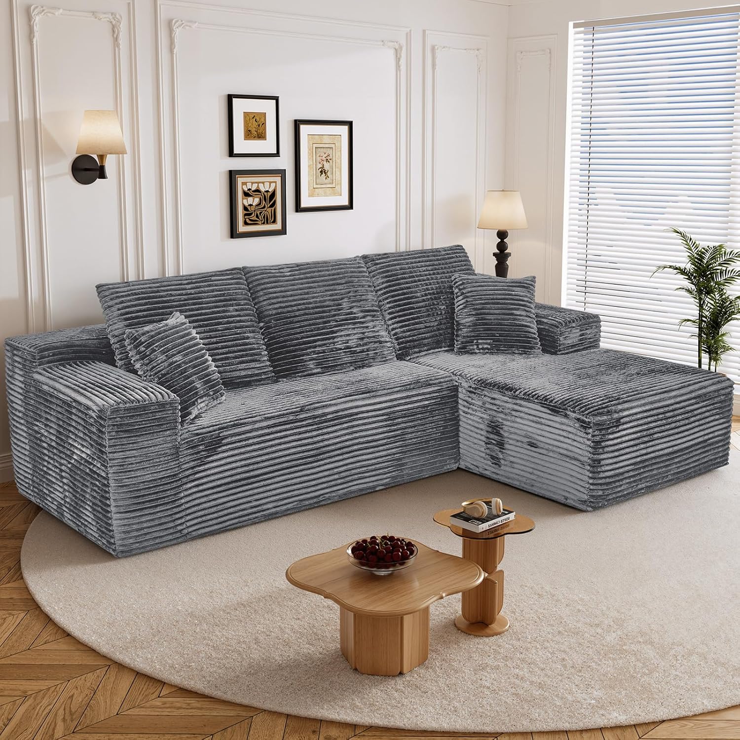 108" L Shaped Boneless Sectional Couches for Living Room, Comfy Corduroy Floor Cloud Sofa with Chaise, Wide Armrest, Deep Seat, Memory Foam, Assembly Free, Ideal for Small Spaces, Grey