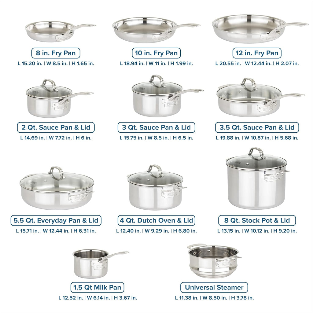 Viking 3-Ply Pots and Pans Set, 17 Piece Stainless Steel Cookware Glass Lids, Steamer Insert, Silver