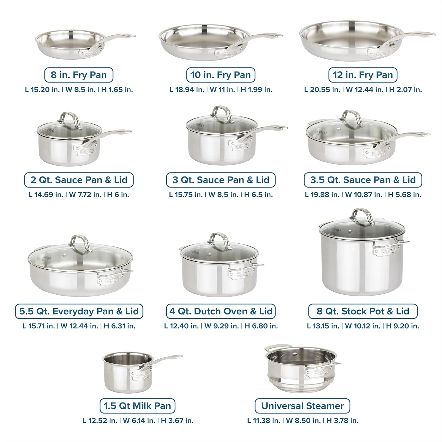 Viking 3-Ply Pots and Pans Set, 17 Piece Stainless Steel Cookware Glass Lids, Steamer Insert, Silver