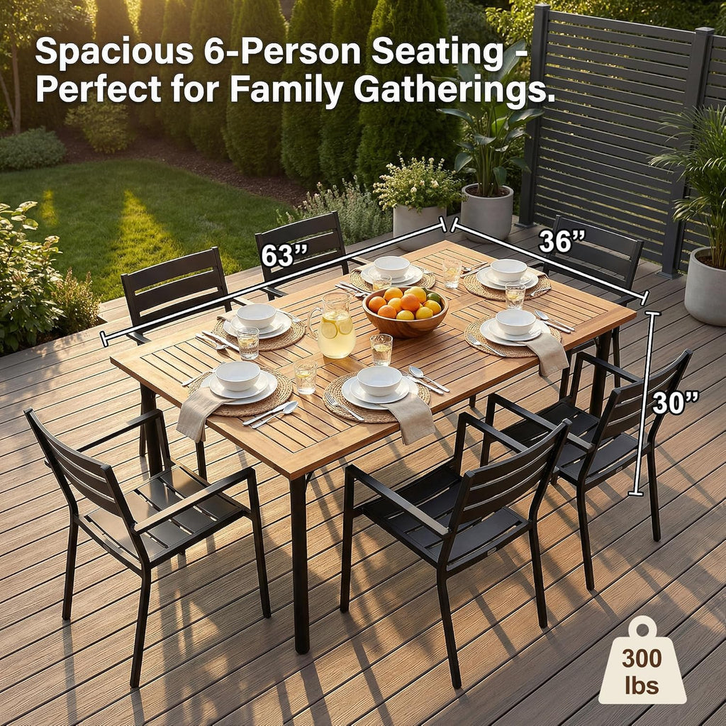 Flamaker Acacia Wood Patio Outdoor Dining Table for 6, Outdoor Table with Umbrella Hole and Metal Legs for Garden, 63''L x 36'' W x 30'' H