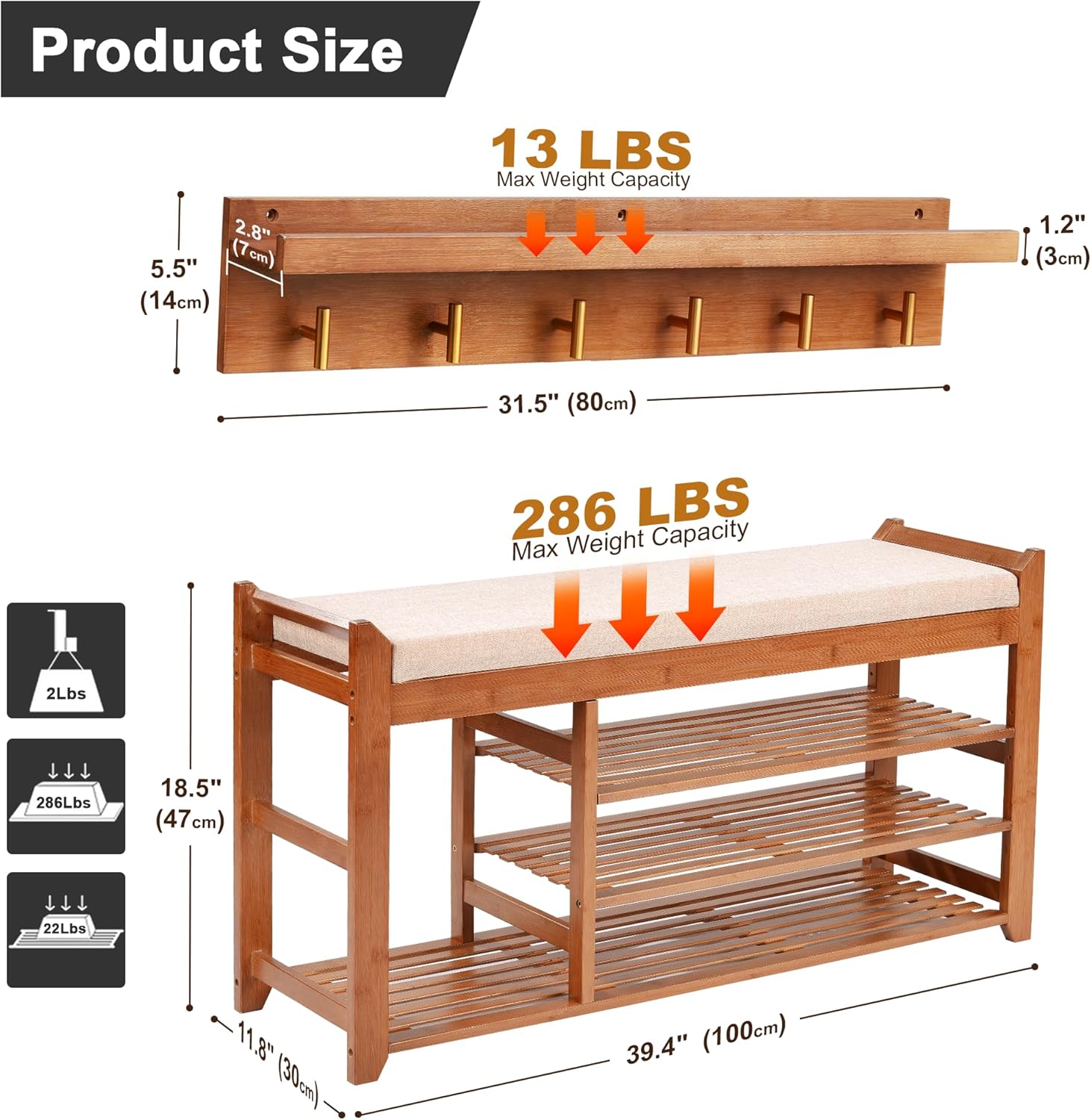 PETKABOO Hall Tree with Bench and Shoe Storage, Coat Rack Shoe Bench Set with Seat Cushion and 6 Hooks for Entryway, Hallway, Living Room and Bedroom