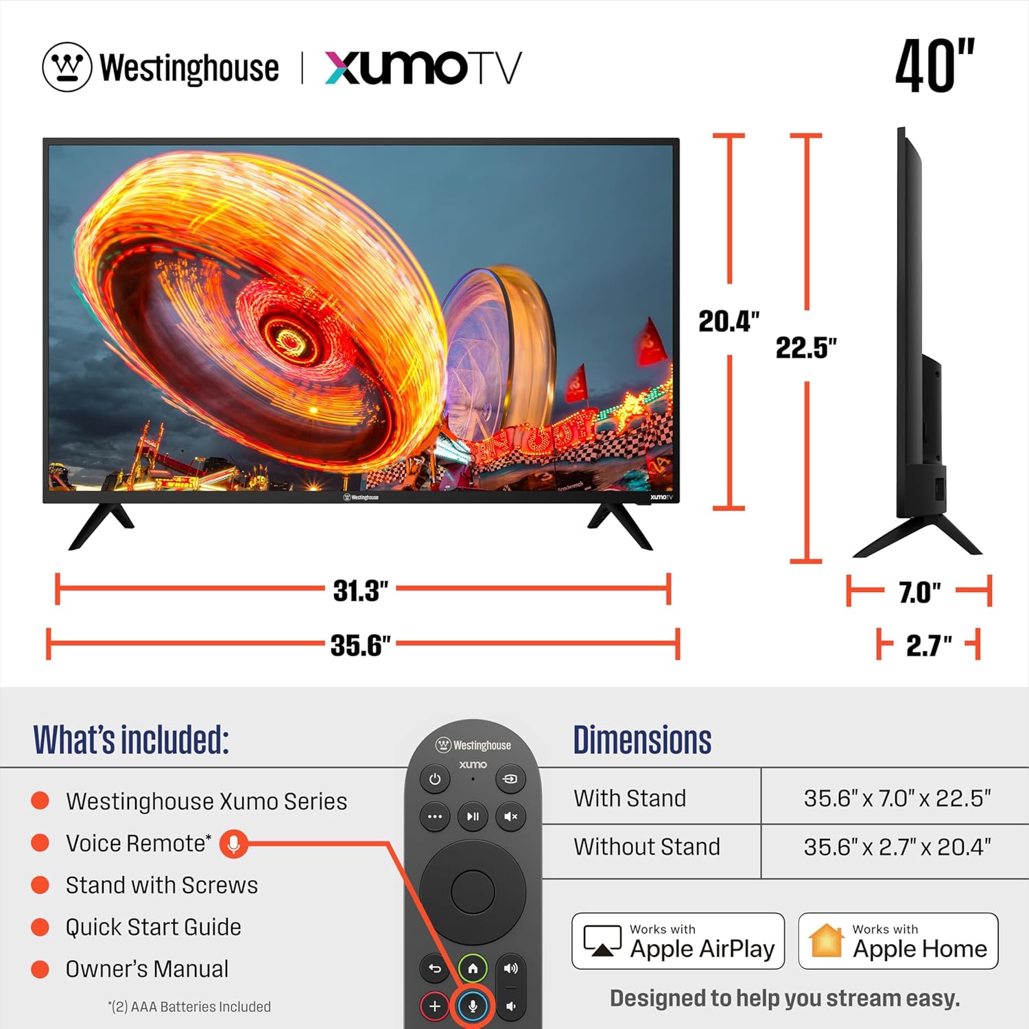 Westinghouse 40-inch Smart TV, FHD 1080P Xumo TV w/Voice Remote, Flat Screen Television w/Dolby Atmos, Bluetooth, Apple AirPlay, Wi-Fi & Mobile Connectivity